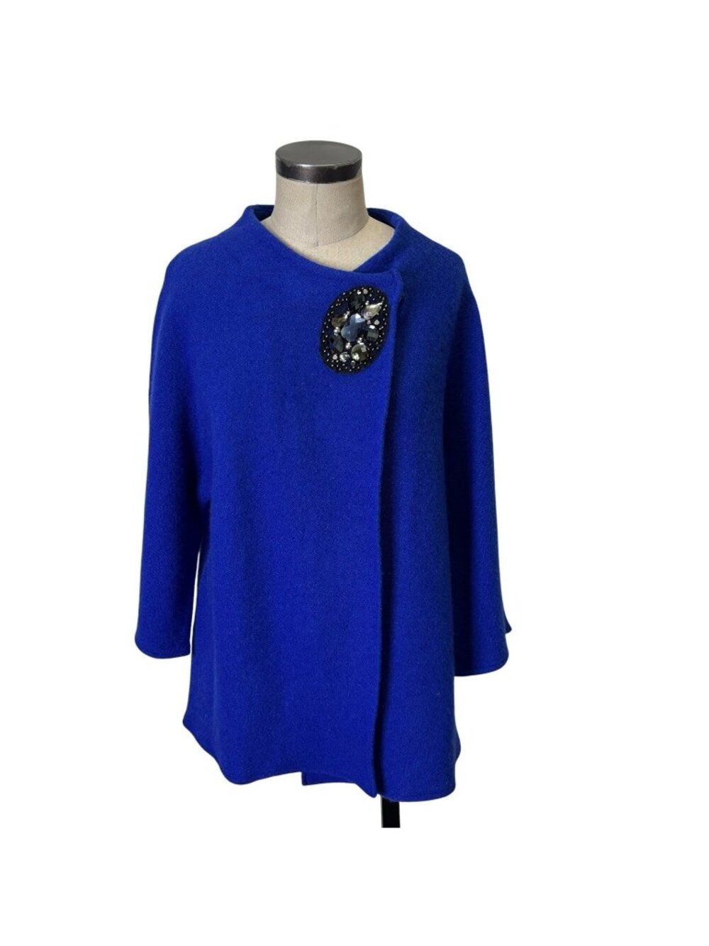 JM Collection 100% Wool Shawl Cardigan Sweater with Rhinestone Brooch Large Blue